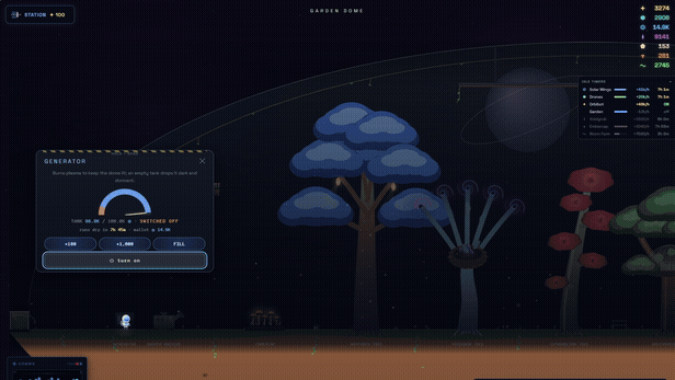 The garden dome lighting up as the generator powers on