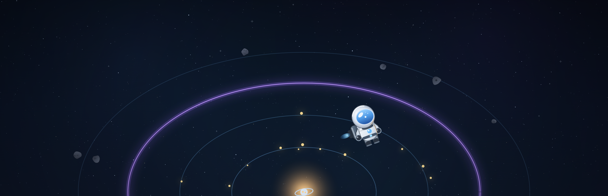 Orbisphere key art: Orbi the astronaut drifting among concentric orbital rings